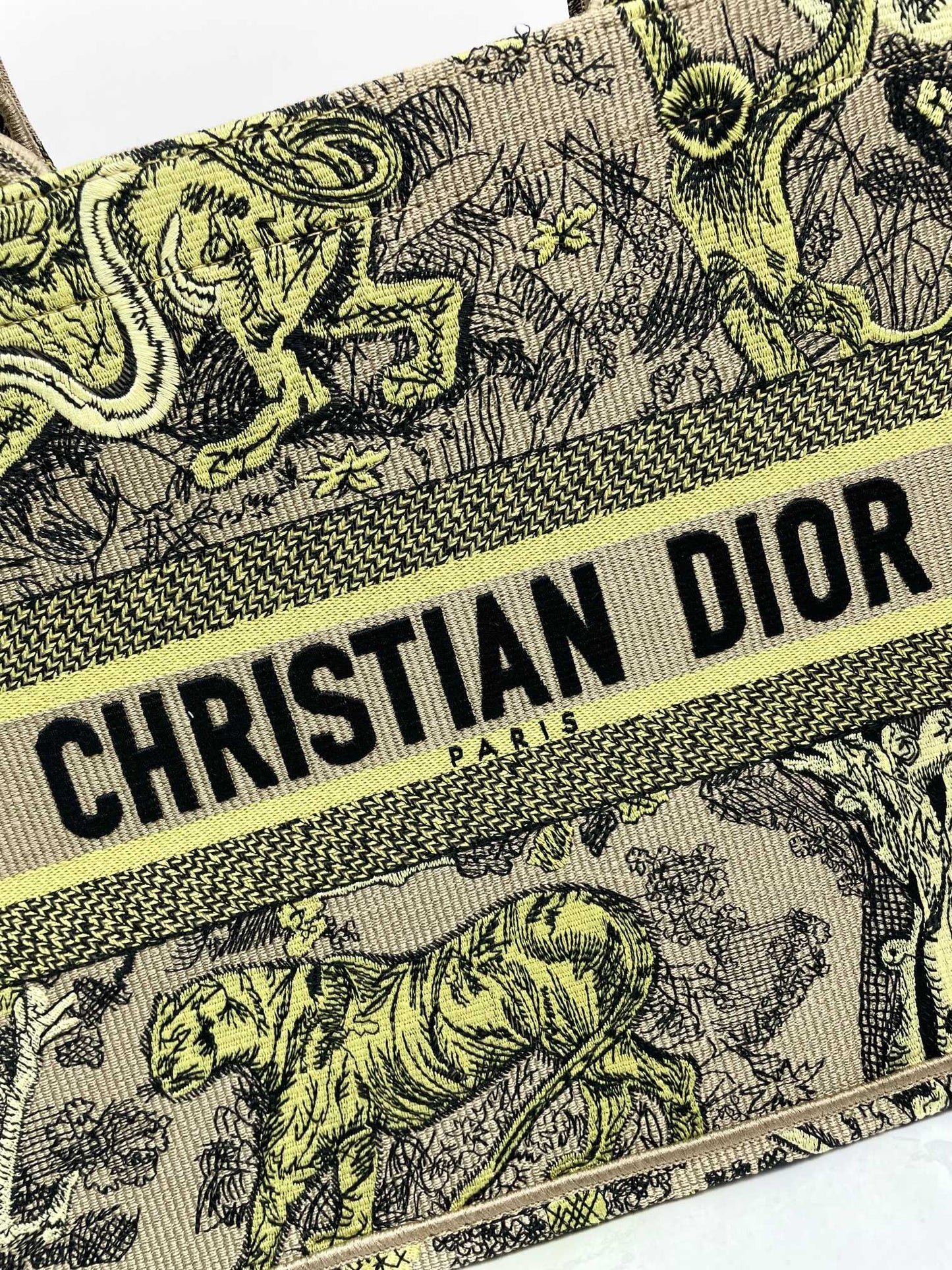 Christian Dior Medium Book Tote Lime Green Toile de Jouy Sauvage Embroidery
