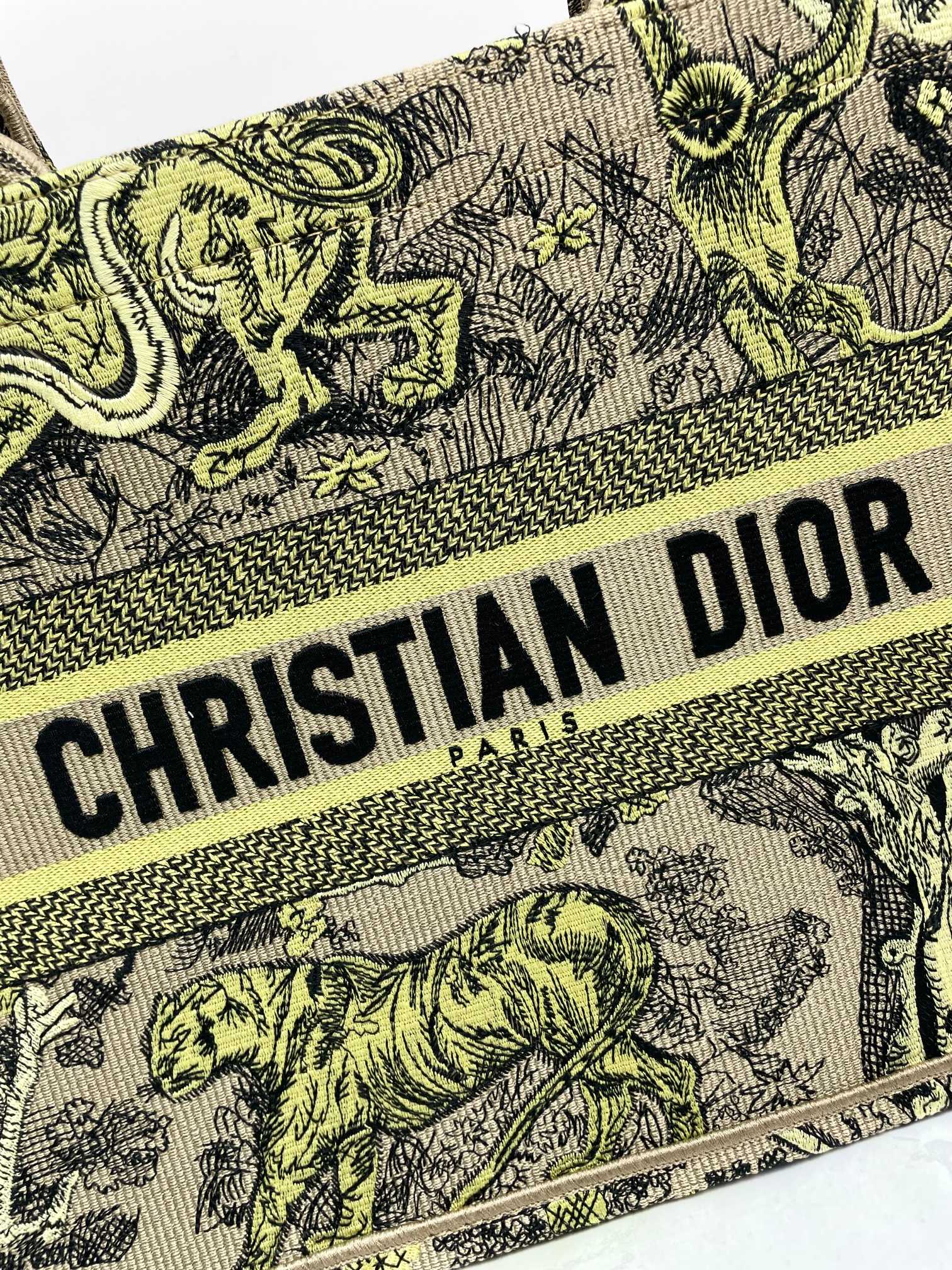 Christian Dior Medium Book Tote Lime Green Toile de Jouy Sauvage Embroidery
