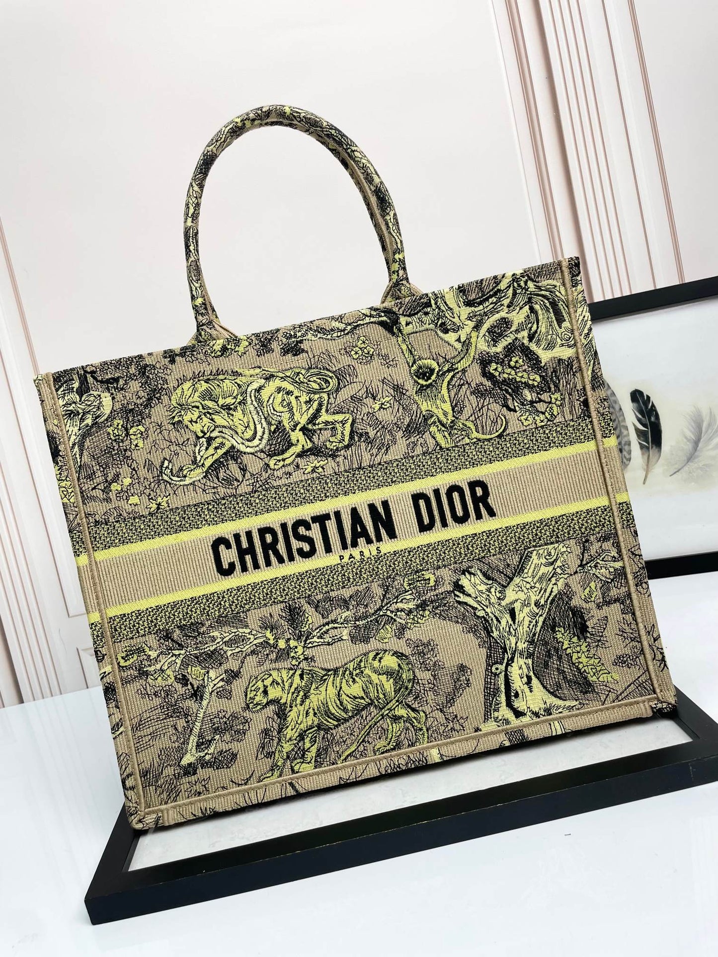 Christian Dior Large Book Tote Bag - Beige and Green Toile de Jouy Canvas