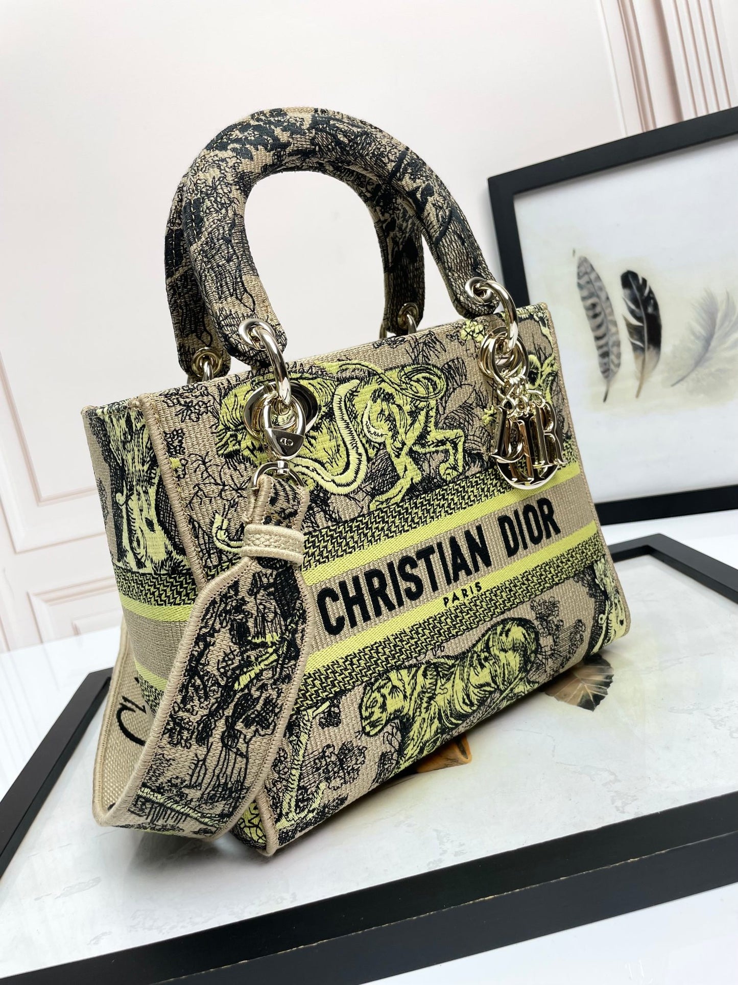 Christian Dior Lady D-Lite Embroidered Handbag with Shoulder Strap - Green & Beige