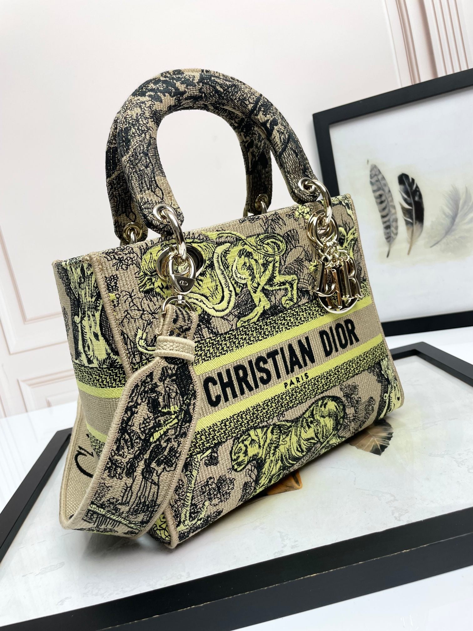 Christian Dior Lady D-Lite Embroidered Handbag with Shoulder Strap - Green & Beige