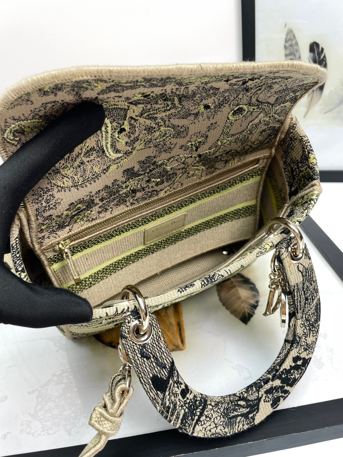 Christian Dior Lady D-Lite Embroidered Handbag with Shoulder Strap - Green & Beige