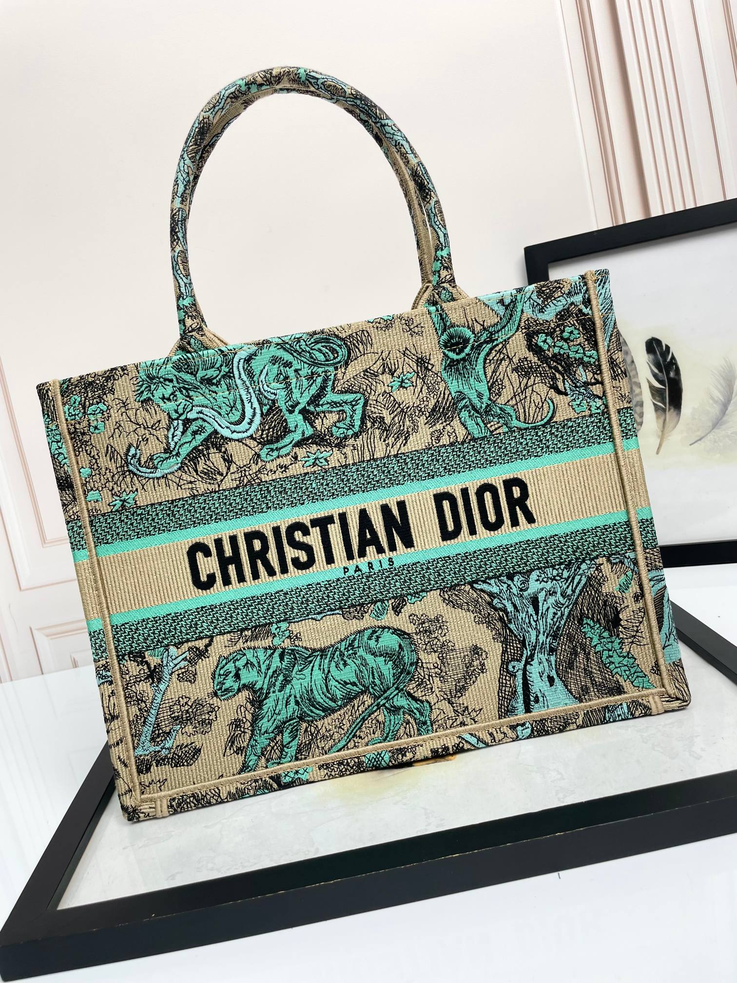 Christian Dior Book Tote Bag Green Toile de Jouy Sauvage Embroidered Canvas