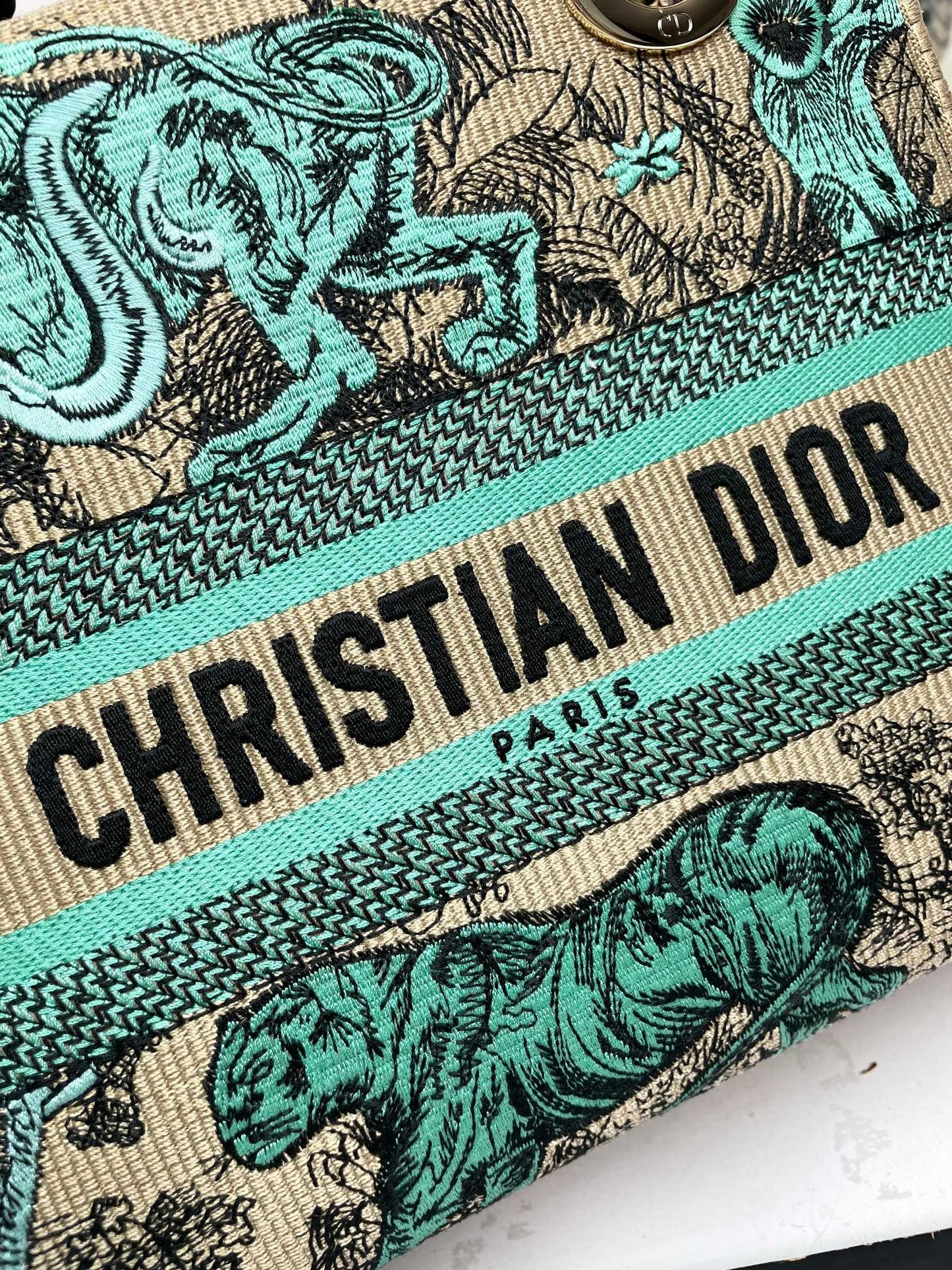 Christian Dior Medium Lady D-Lite Bag - Embroidered Toile de Jouy - Green and Beige