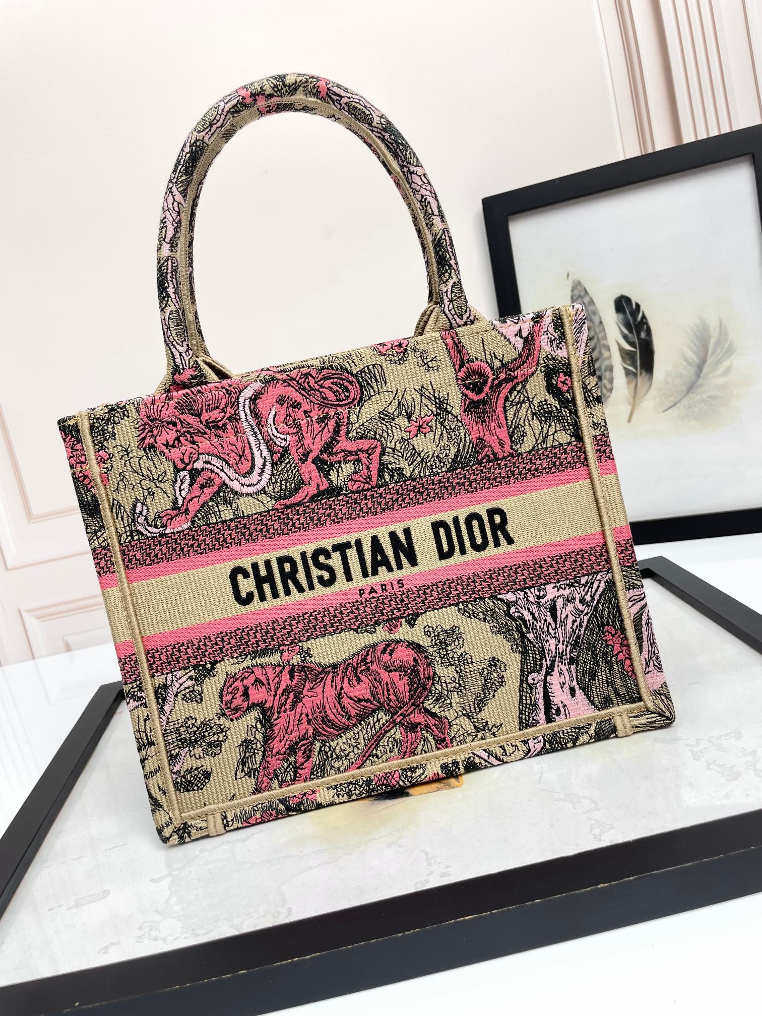 Christian Dior Medium Book Tote Toile de Jouy Tiger Embroidery Beige and Pink Canvas Handbag