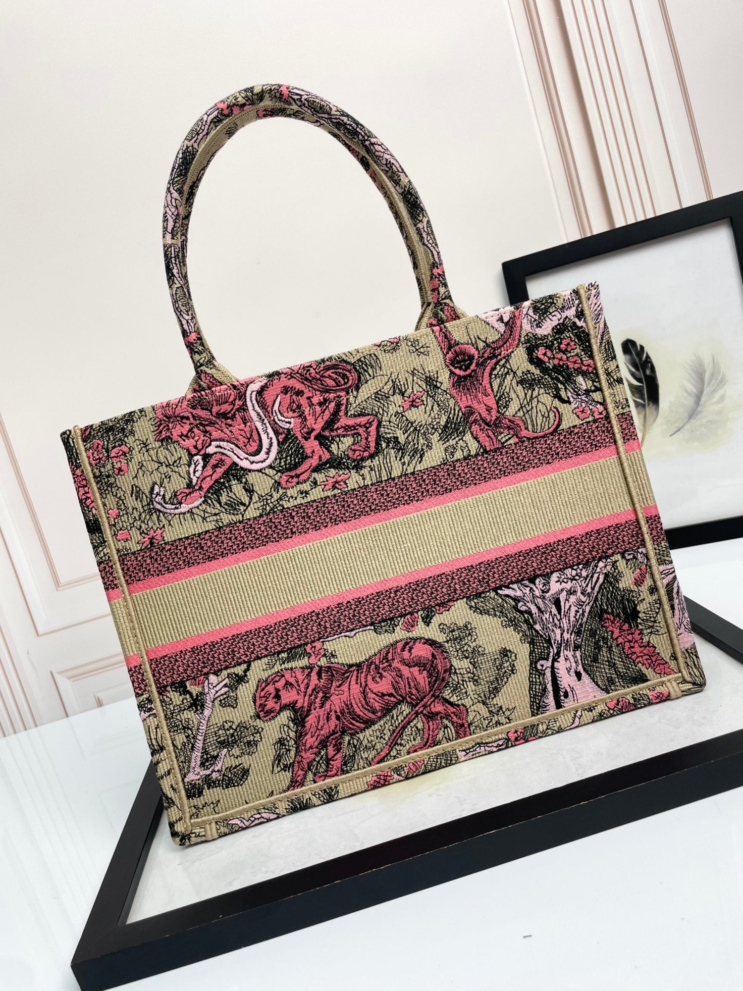Christian Dior Book Tote Pink Toile de Jouy Sauvage Embroidery Handbag