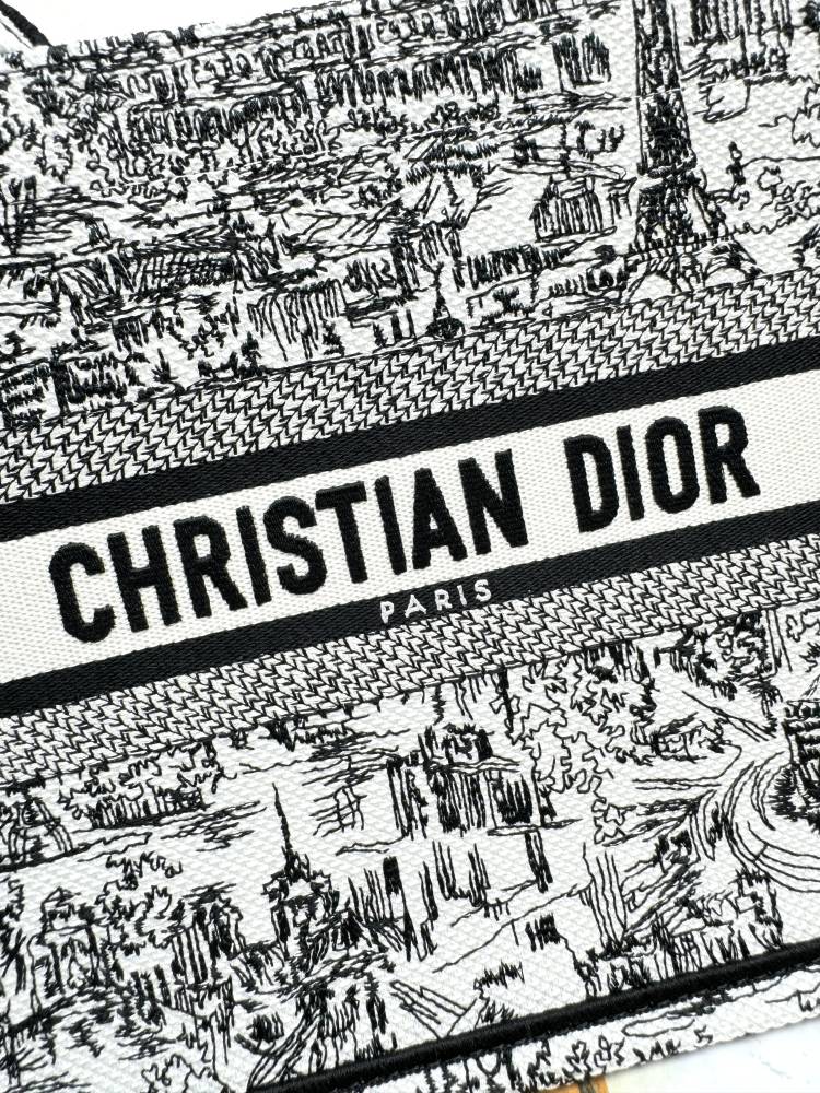 Christian Dior Book Tote - Black and White Embroidered Toile de Jouy Canvas