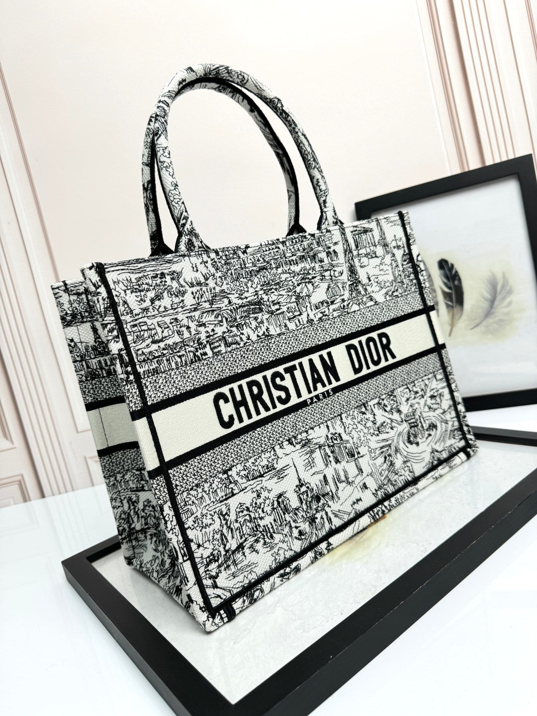 Christian Dior Large Book Tote Black and White Toile de Jouy Embroidery