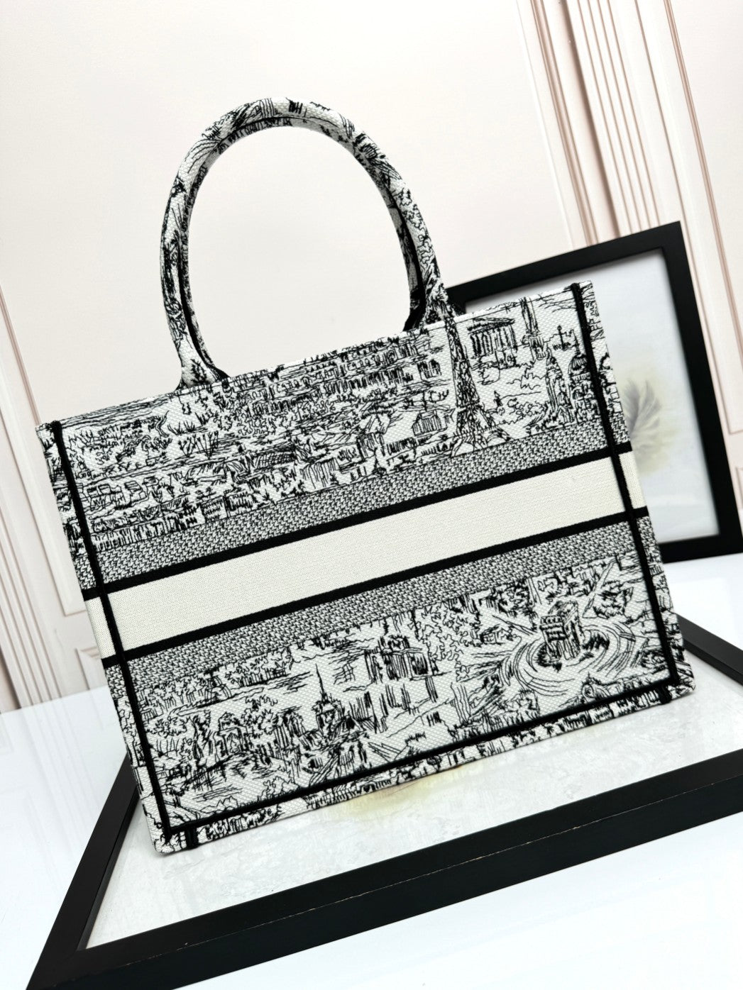 Christian Dior Toile de Jouy Book Tote Bag - Black and White Embroidered Canvas