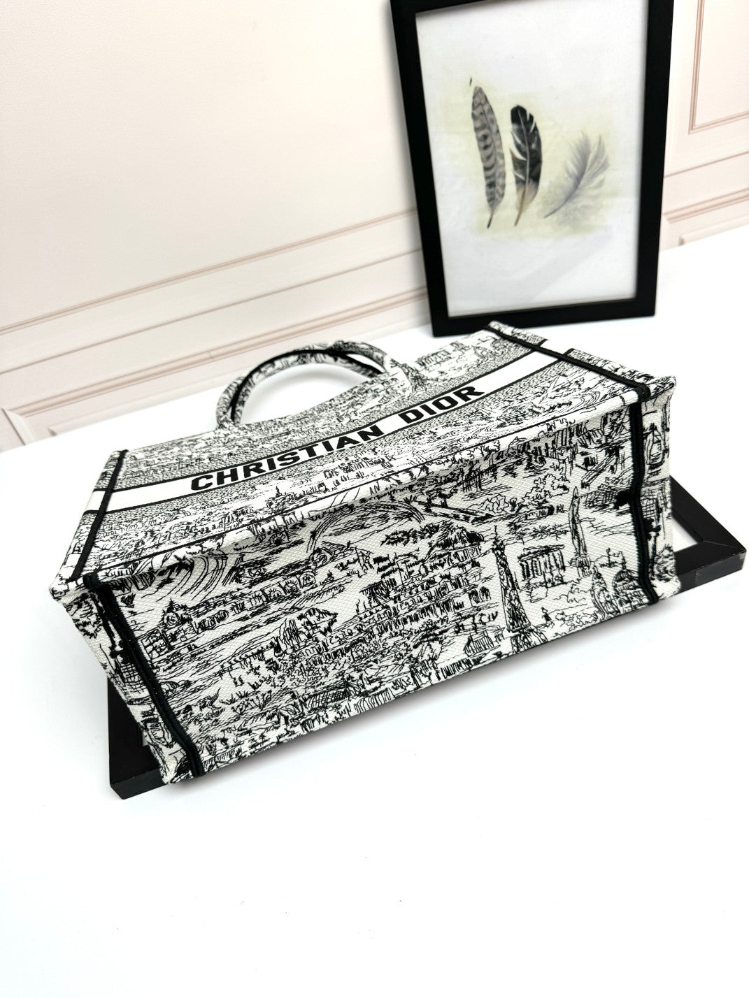 Christian Dior Large Book Tote Black and White Toile de Jouy Embroidery Handbag