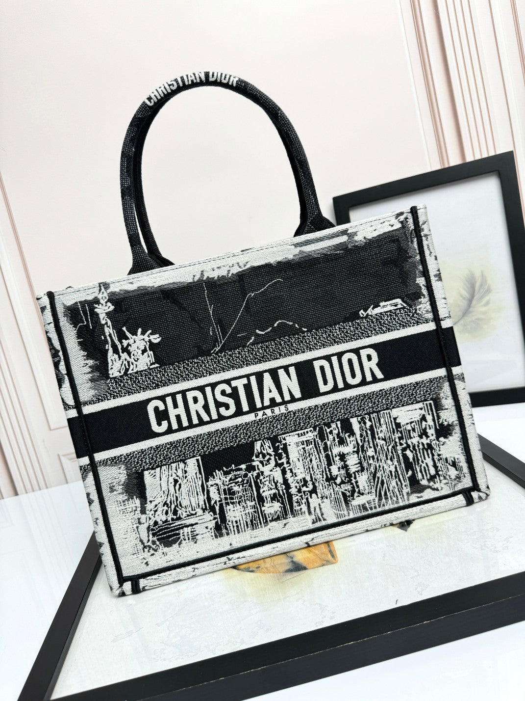 Christian Dior Medium Book Tote Bag Black and White Embroidery