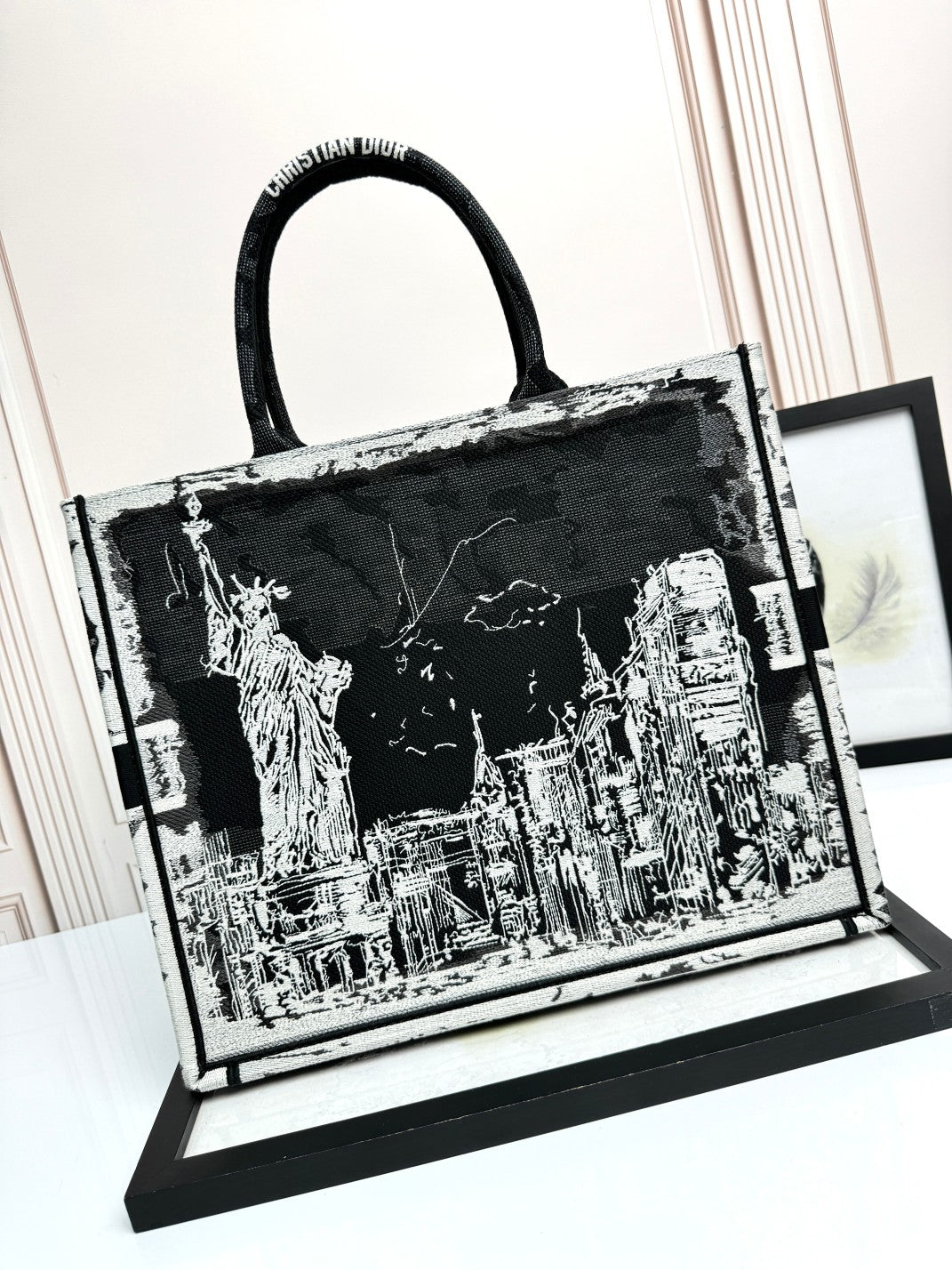 Christian Dior Large Book Tote Black and White New York City Skyline Motif