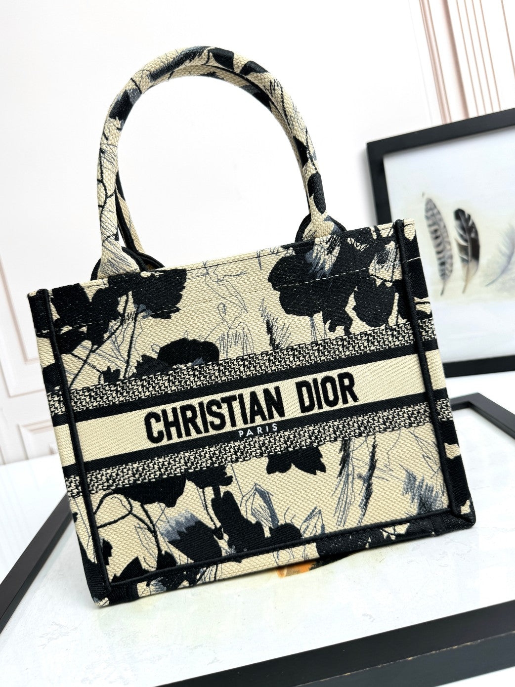 Christian Dior Small Book Tote - Black and White Floral Embroidered Canvas