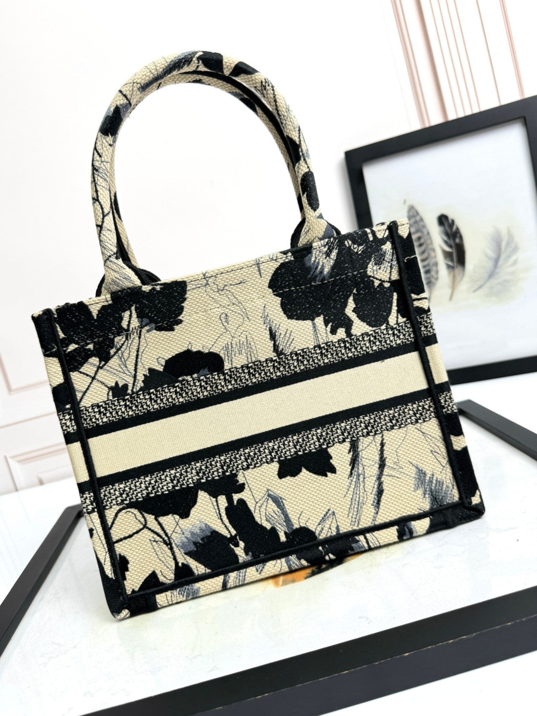 Christian Dior Small Book Tote - Black and White Floral Embroidered Canvas
