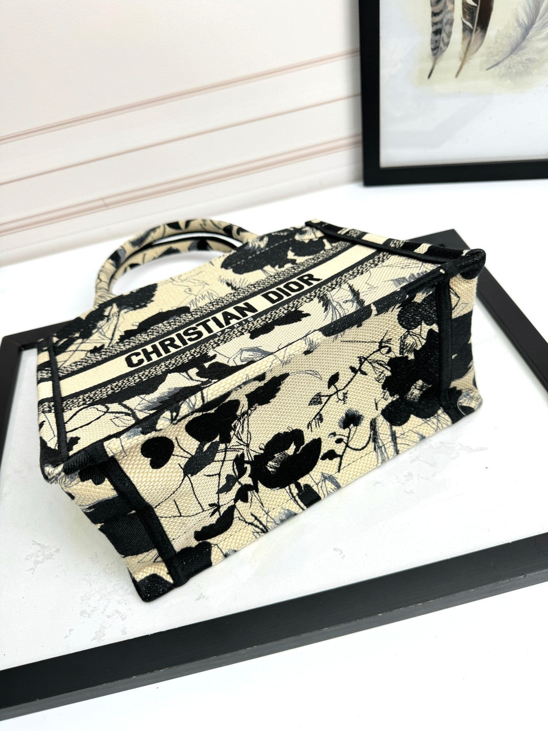 Christian Dior Small Book Tote - Black and White Floral Embroidered Canvas