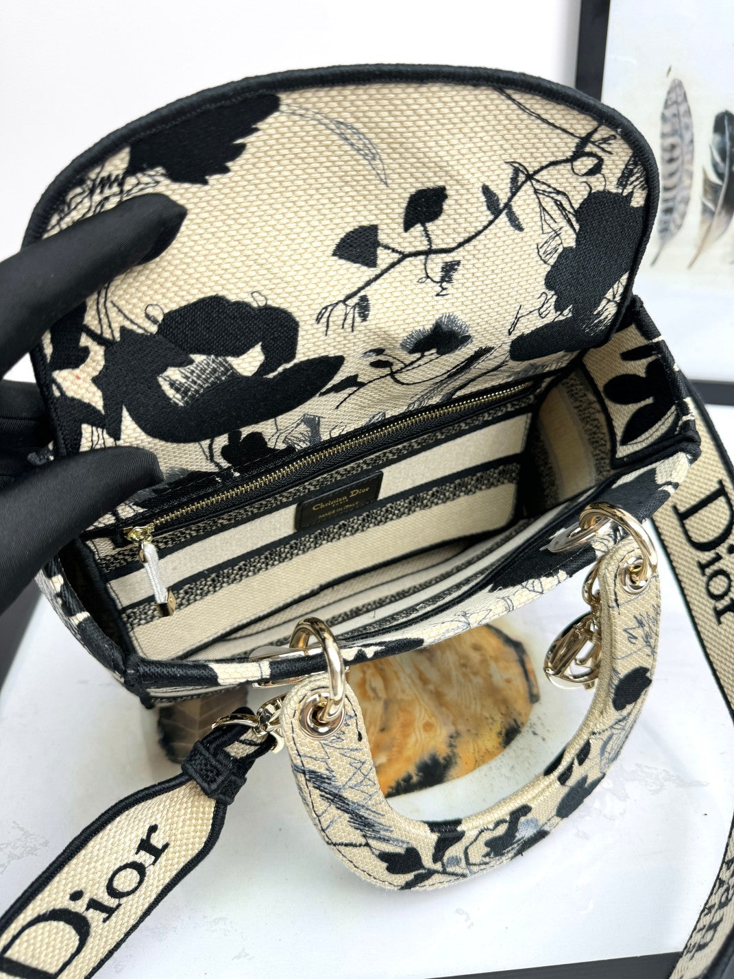 Christian Dior Small Book Tote - Black and Beige Floral Embroidery