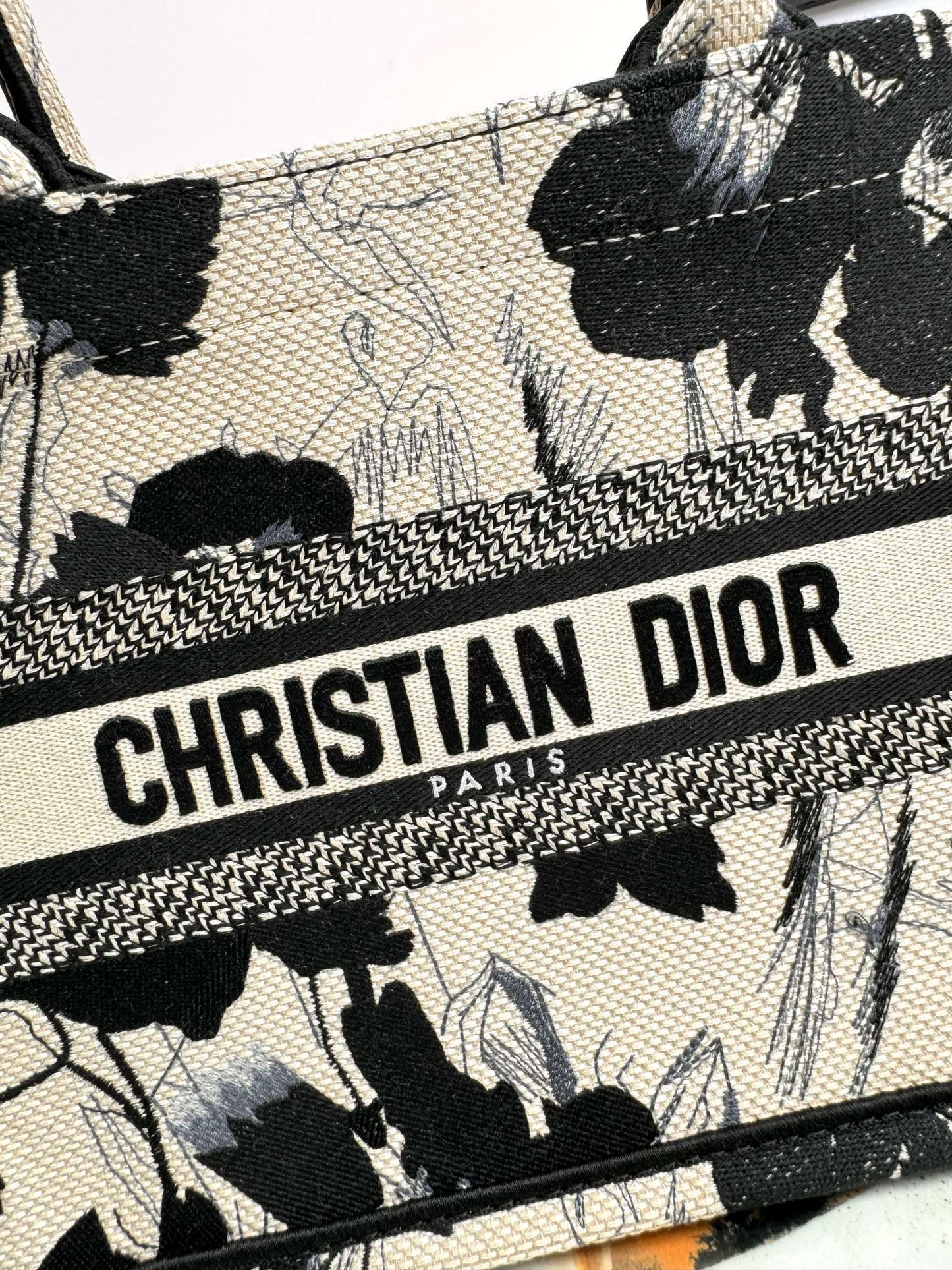 Christian Dior Medium Book Tote - Black and Beige Floral Embroidered Canvas