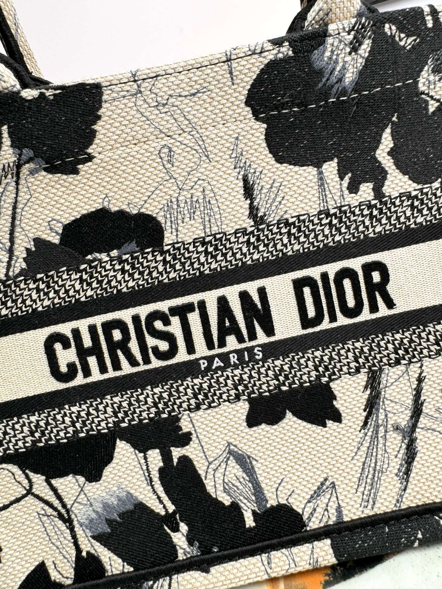 Christian Dior Small Book Tote - Black and White Floral Embroidered Canvas