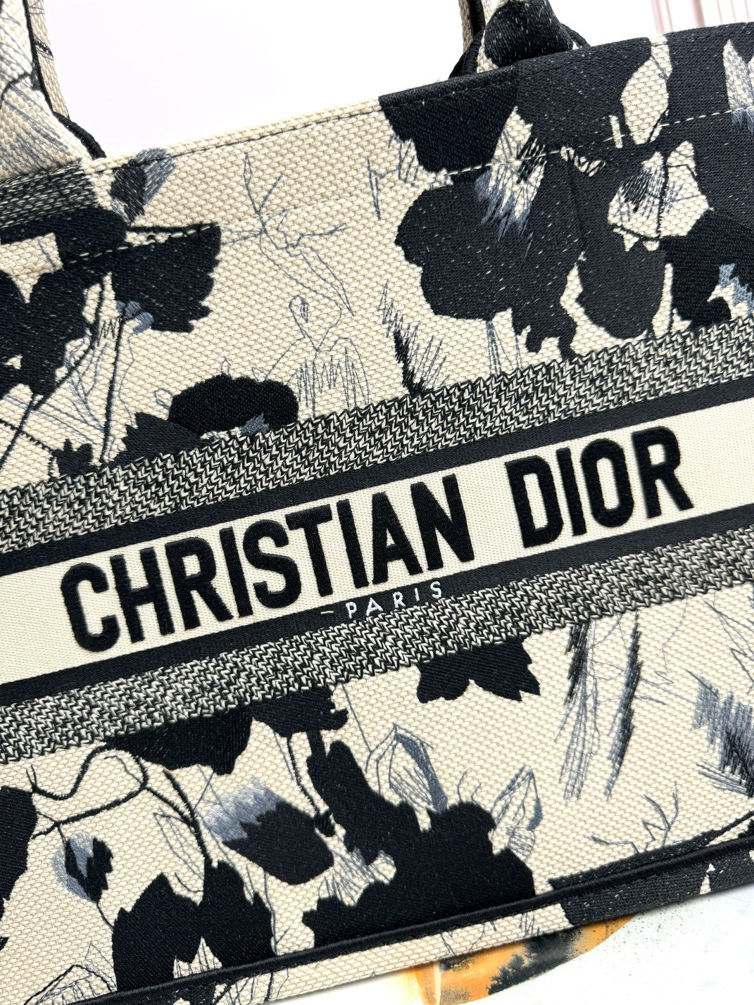 Christian Dior Medium Book Tote - Black and White Floral Embroidered Canvas