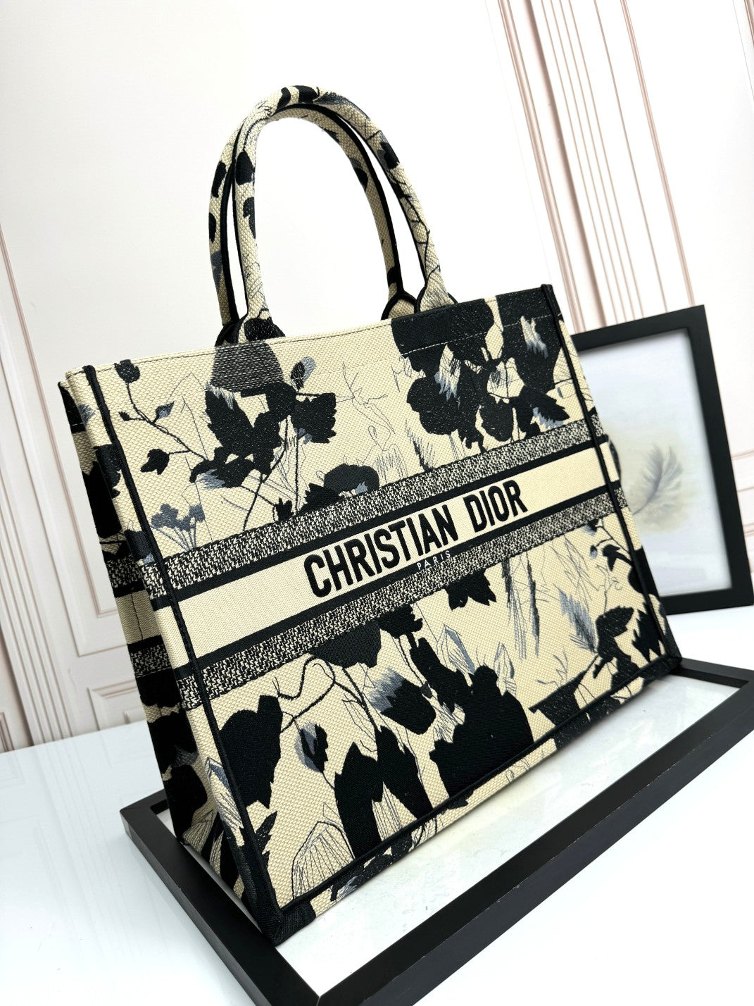 Christian Dior Book Tote Black and White Floral Embroidered Canvas Bag