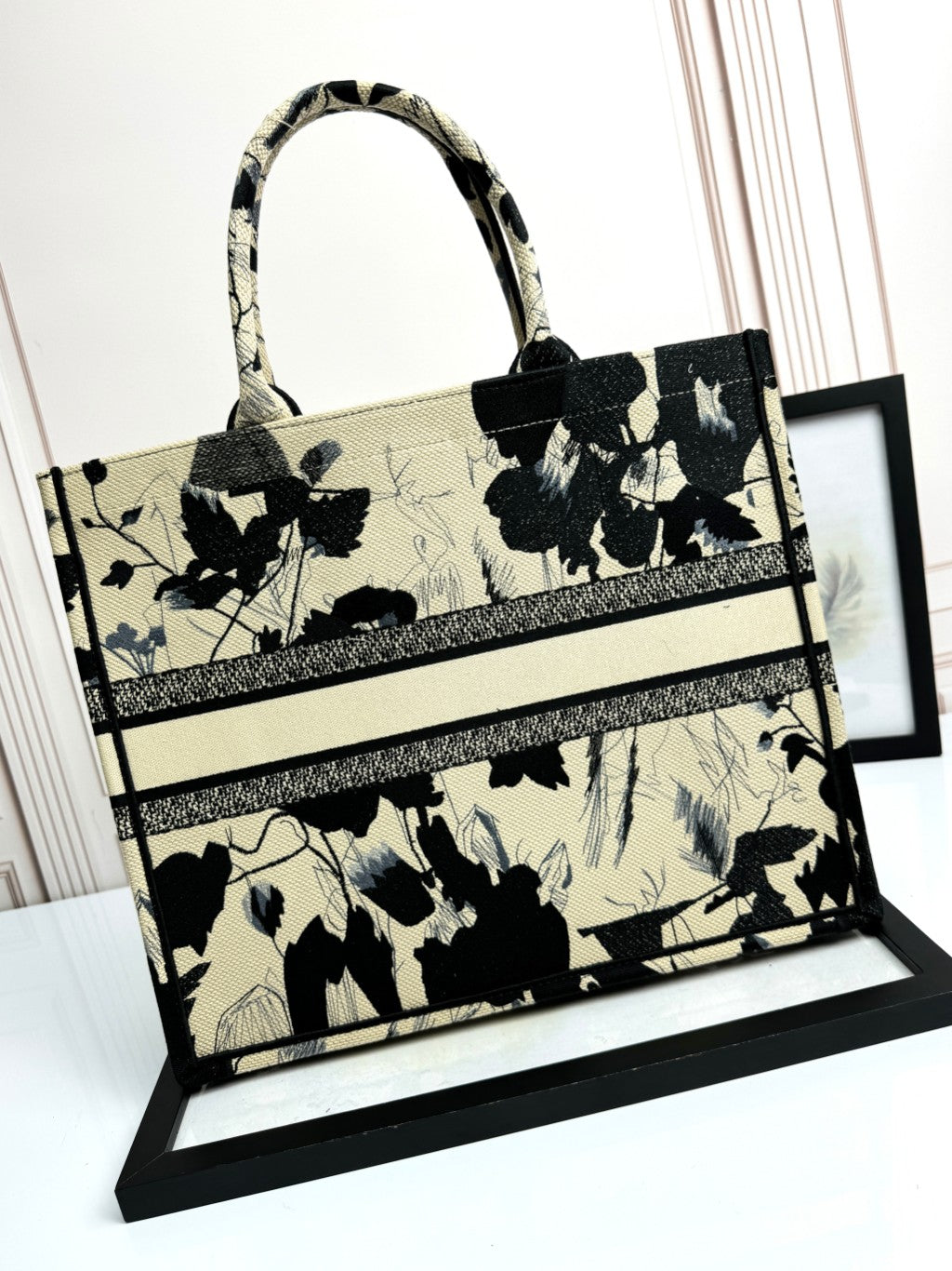 Christian Dior Book Tote Medium Black and Beige Floral Canvas Handbag