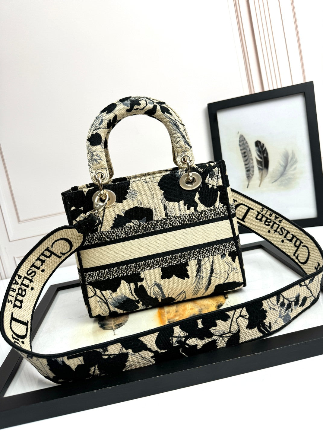 Christian Dior Lady D-Lite Handbag - Beige and Black Mille Fleurs Embroidery
