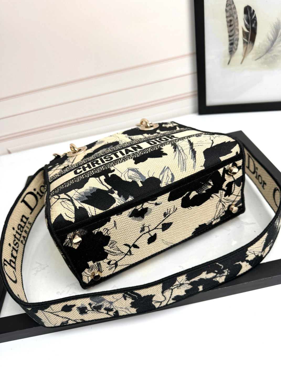 Christian Dior Lady D-Lite Medium Bag Black and White Floral Embroidery