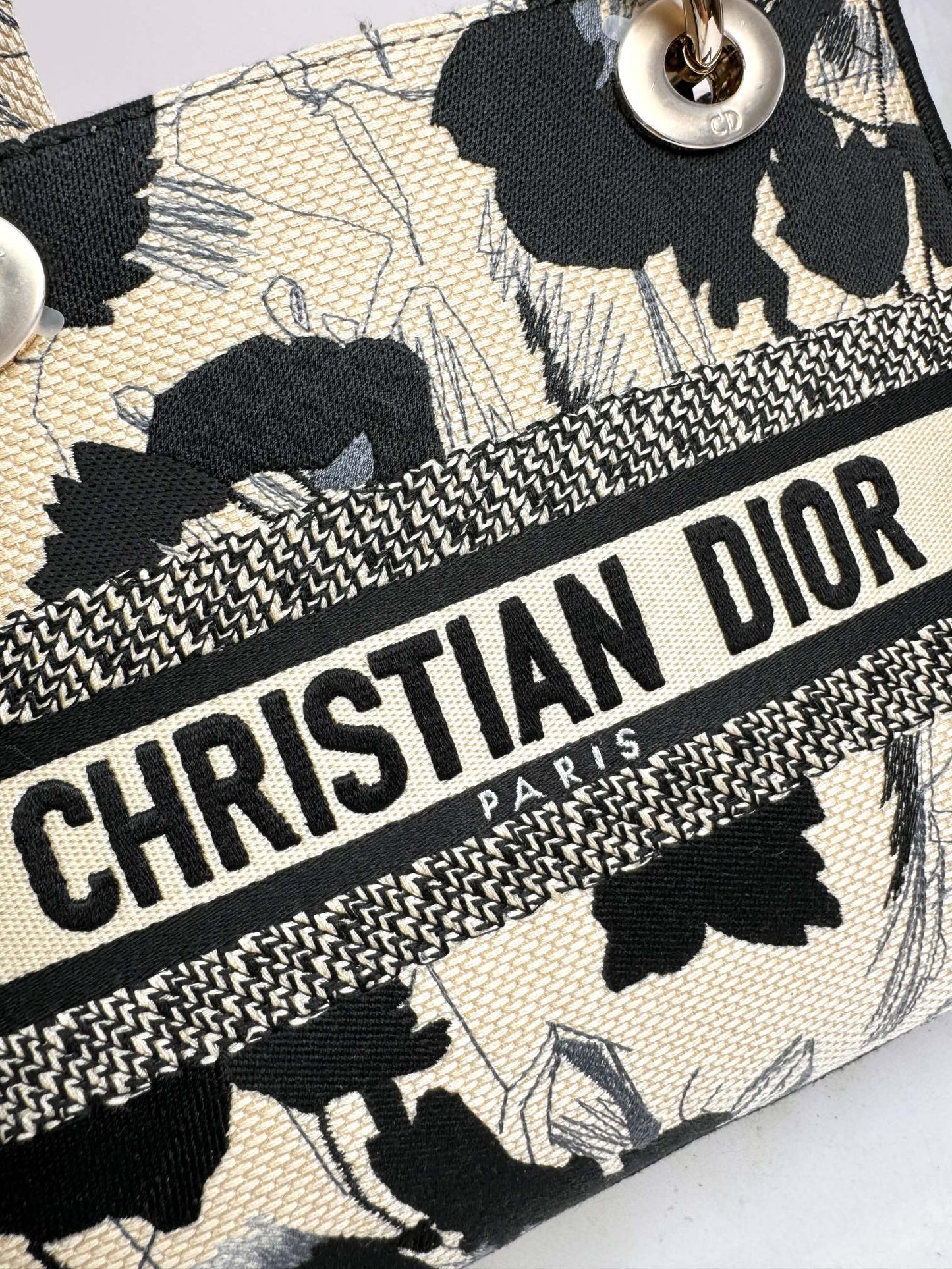 Christian Dior Medium Lady D-Lite Bag - Black & White Floral Embroidery