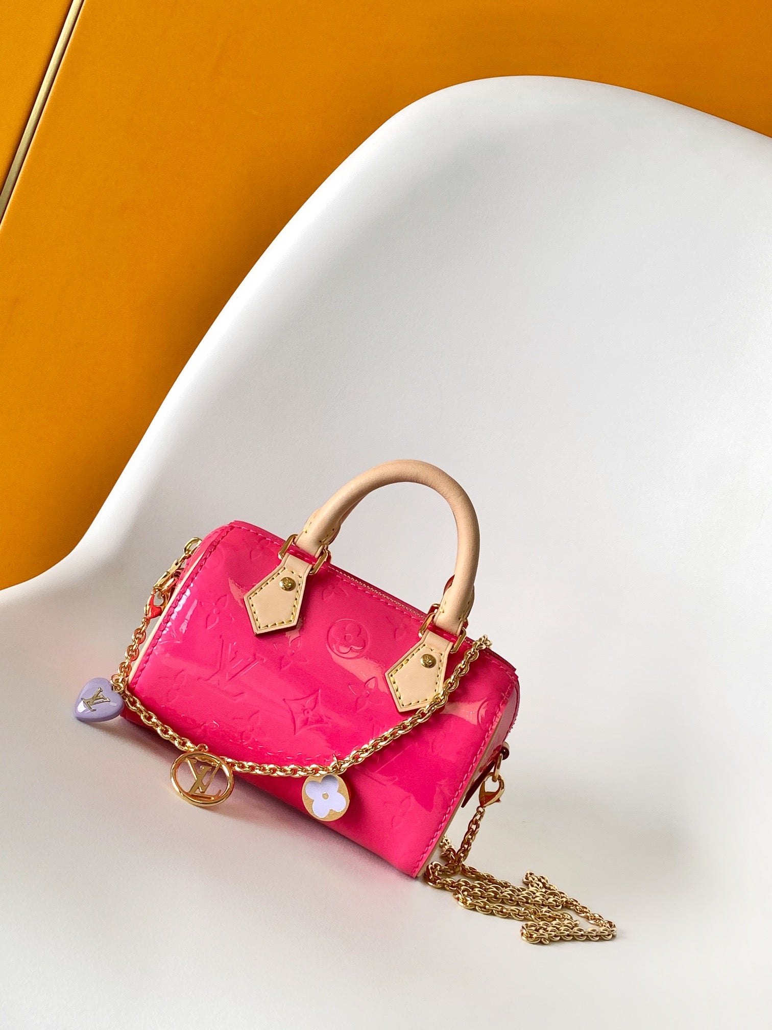 Louis Vuitton Nano Speedy Monogram Vernis Pink Patent Leather Bag with Chain Strap