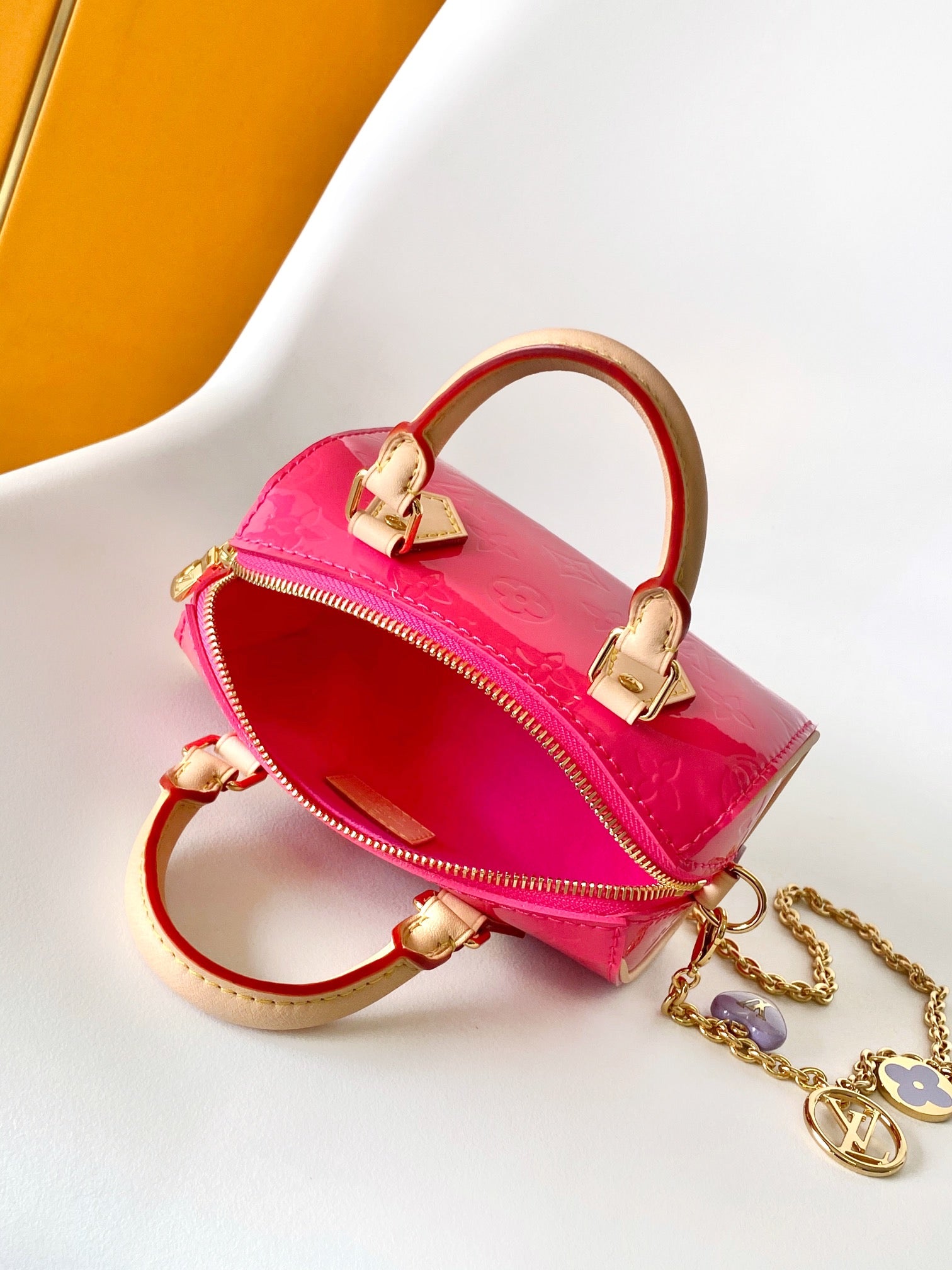 Louis Vuitton Nano Speedy Monogram Vernis Pink Patent Leather Bag with Chain Strap