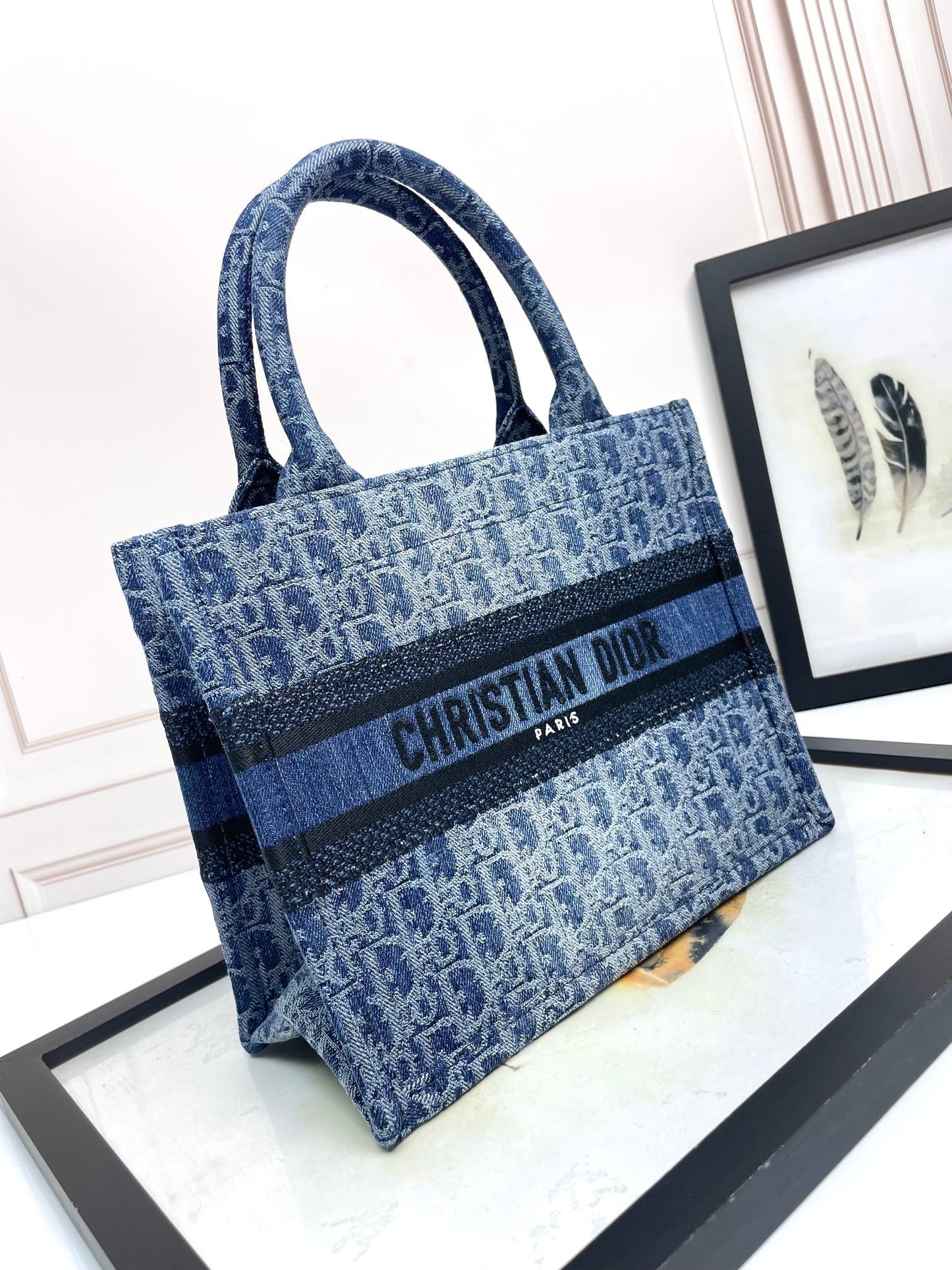 Dior Book Tote Blue Dior Oblique Embroidery Denim Handbag