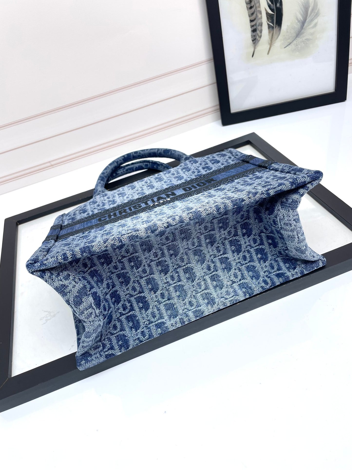 Christian Dior Book Tote Blue Dior Oblique Embroidery Medium Bag