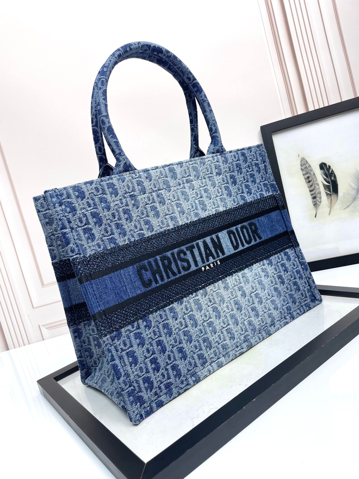 Christian Dior Book Tote Blue Denim Dior Oblique Embroidery Handbag