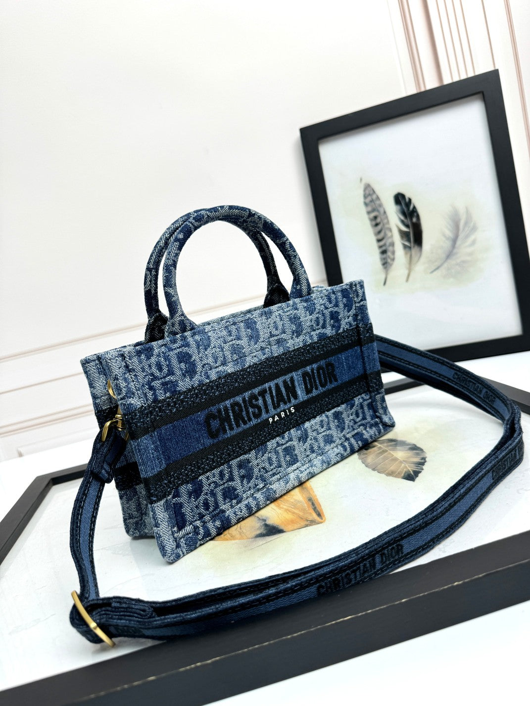 Christian Dior Mini Book Tote Blue Dior Oblique Embroidery Handbag with Strap