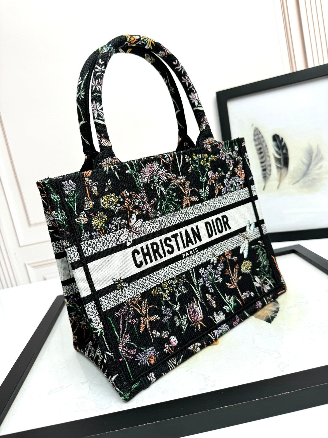 Christian Dior Book Tote with Multicolor Floral Embroidery - Black Canvas