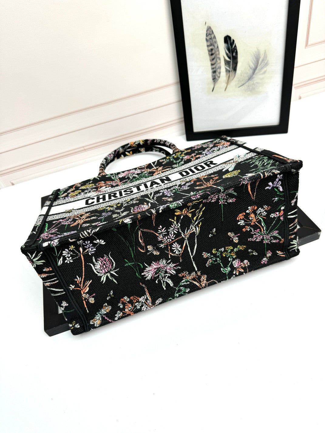 Christian Dior Book Tote Black Floral Embroidered Canvas Handbag