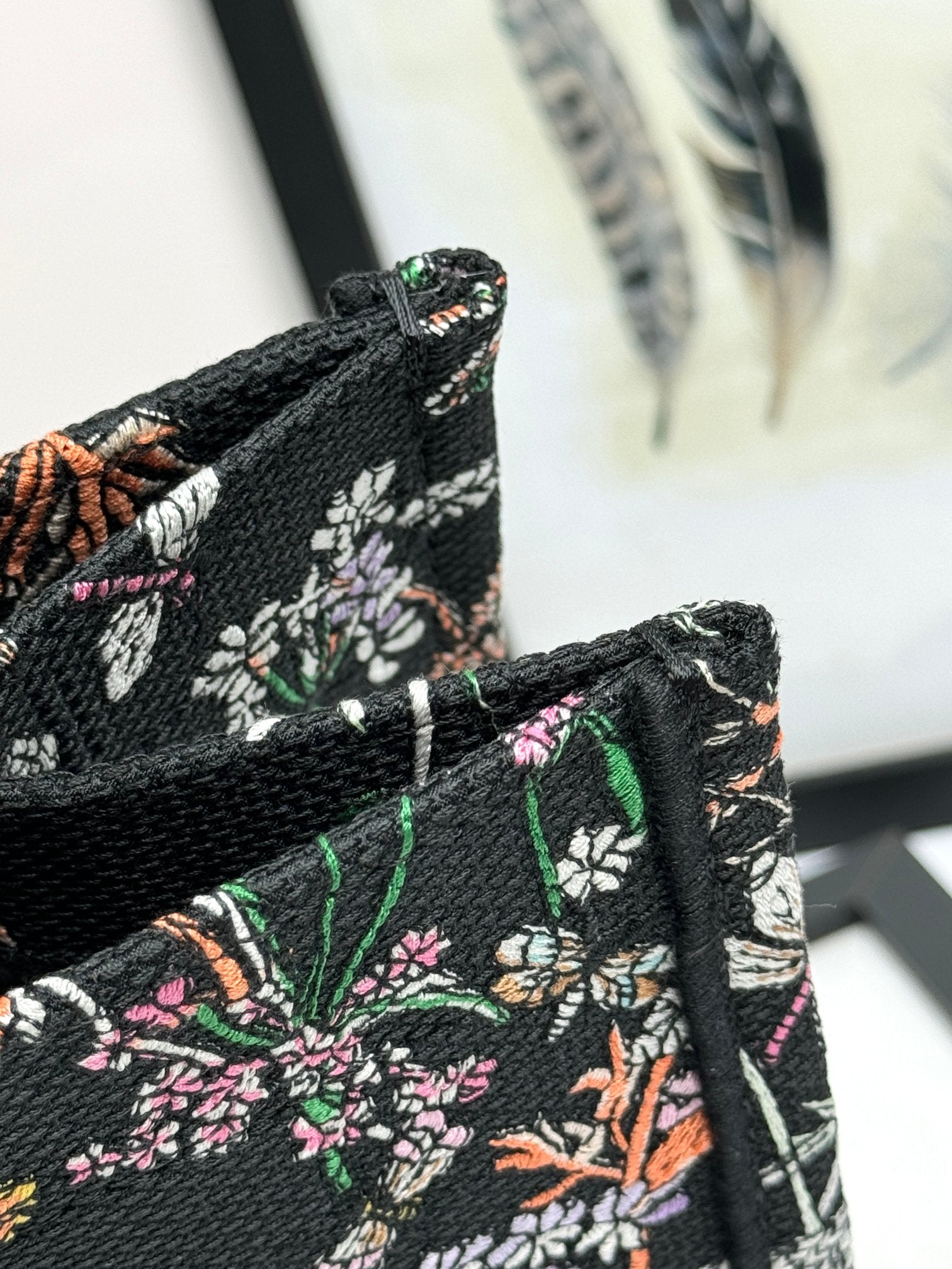 Christian Dior Book Tote Black Floral Embroidered Canvas Handbag