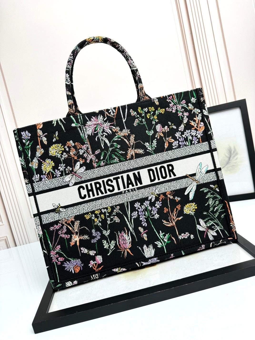 Christian Dior Large Book Tote Black Canvas with Multi-Color Floral and Dragonfly Embroidery