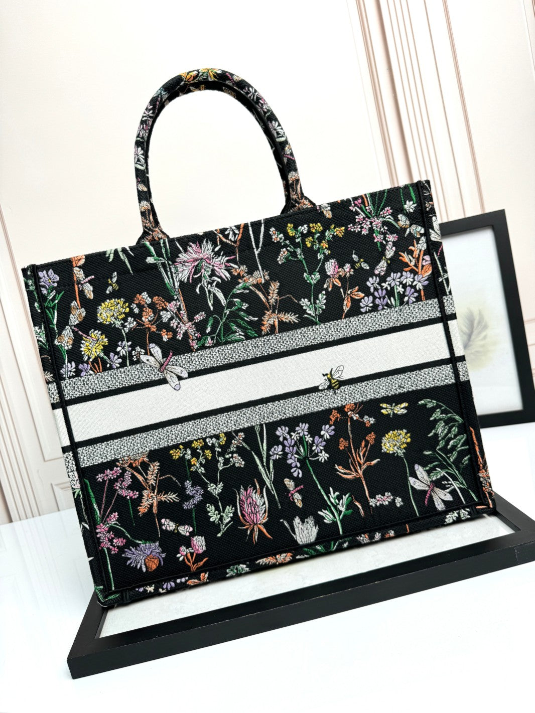 Christian Dior Large Book Tote Black Canvas with Multi-Color Floral and Dragonfly Embroidery