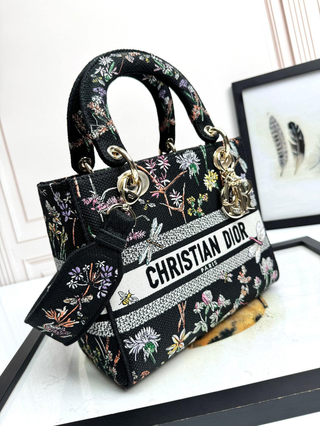 Christian Dior Lady D-Lite Bag - Black Floral Embroidery