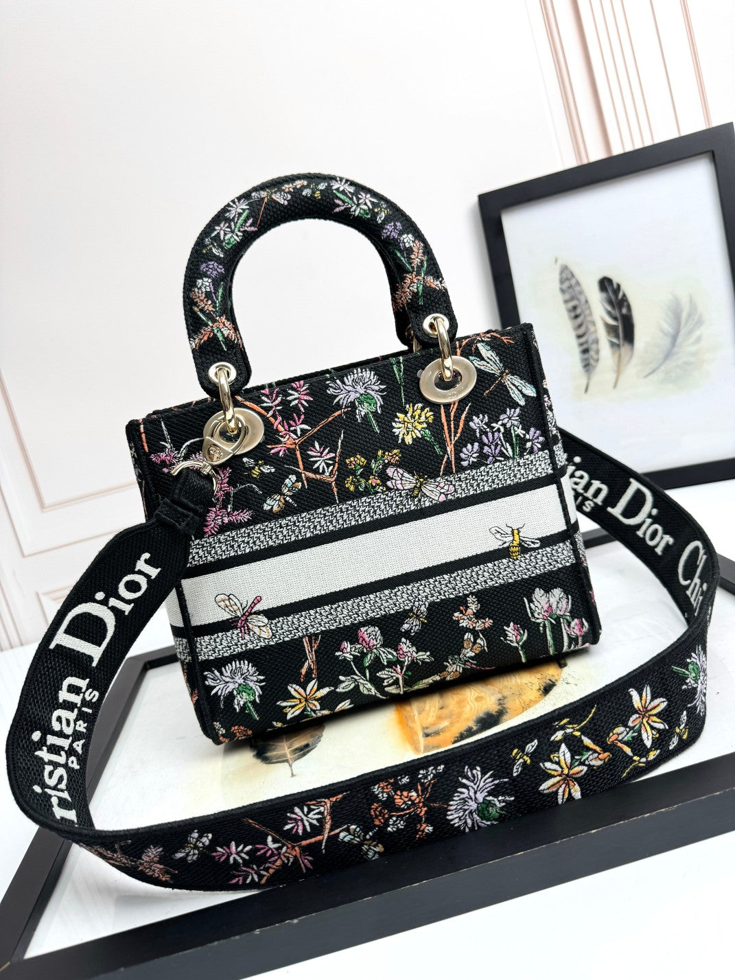 Christian Dior Lady D-Lite Bag - Black Floral Embroidery