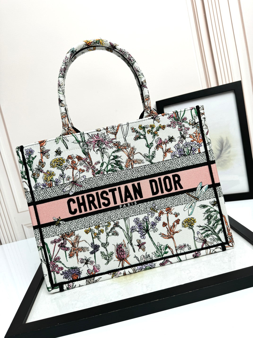 Christian Dior Book Tote Medium Floral Embroidery Canvas Bag