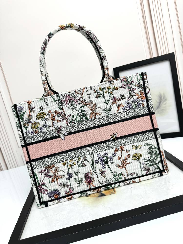 Christian Dior Book Tote Medium Floral Embroidery Canvas Bag