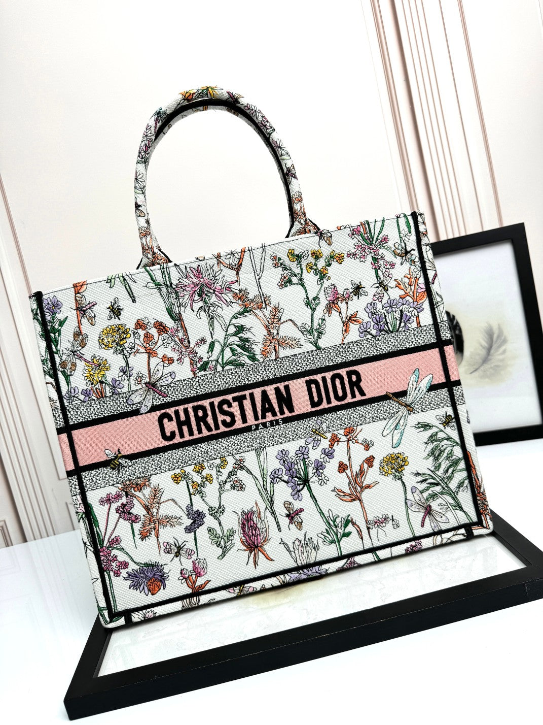 Christian Dior Large Book Tote Bag Floral Embroidered Canvas - White/Pink