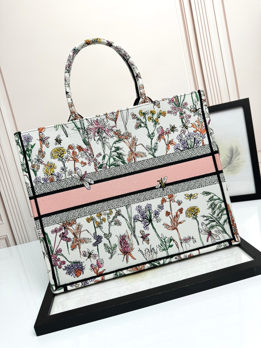Christian Dior Large Book Tote Bag Floral Embroidered Canvas - White/Pink