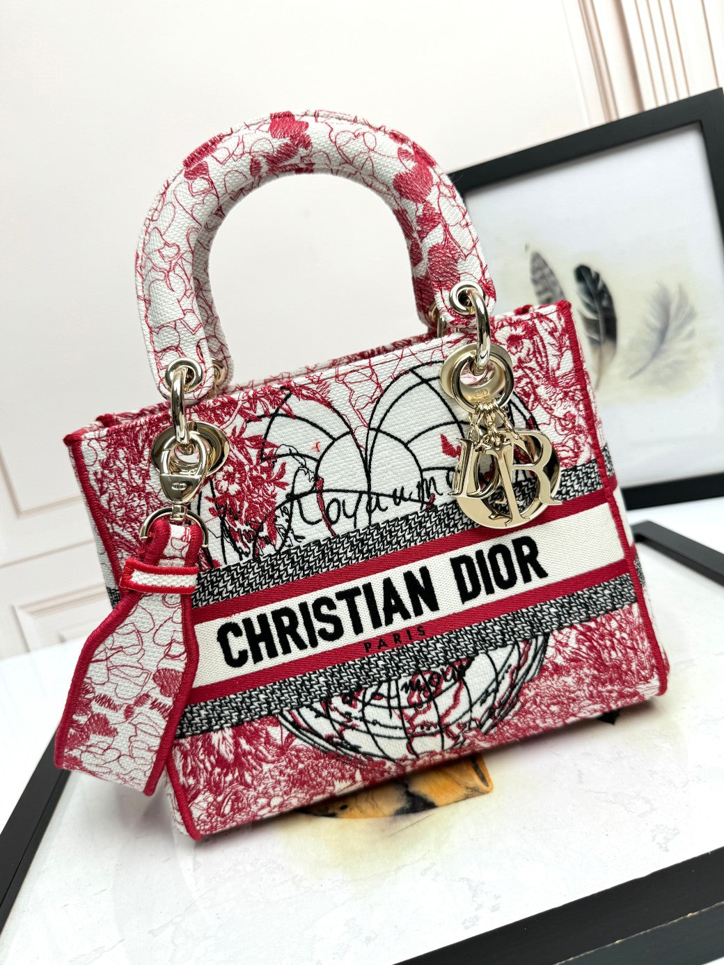 Christian Dior Lady D-Lite Medium Bag - Red and White Embroidered Toile de Jouy Canvas