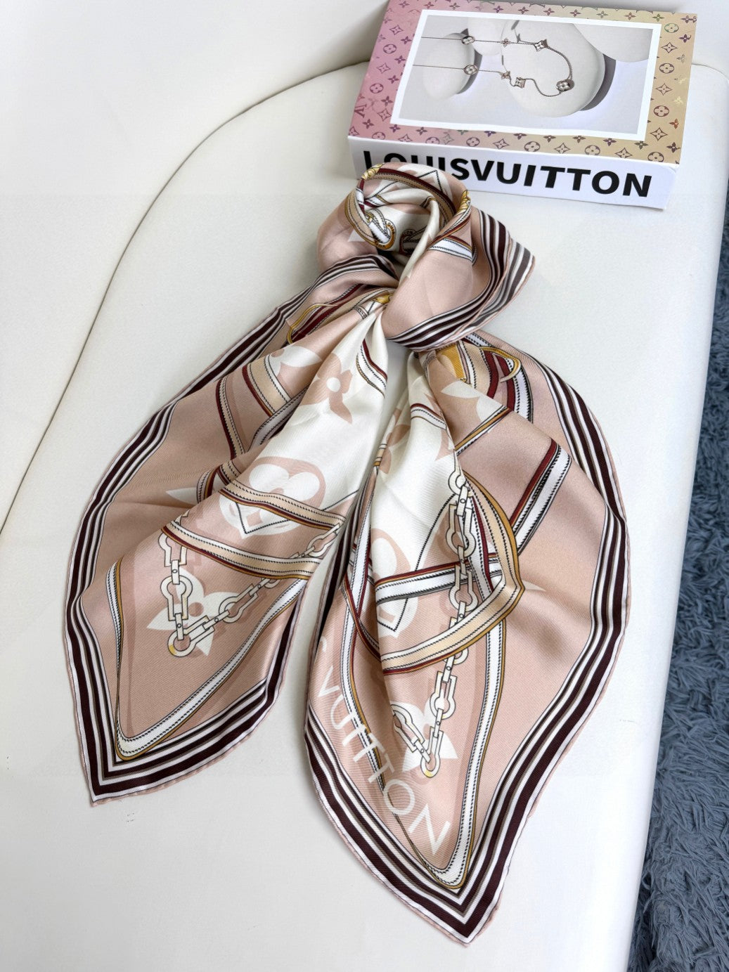 Elegant Large Square Silk Scarf for Women - Equestrian Print Fashion Shawl and Wrap, Beige and Gold Patterned Hair Scarf