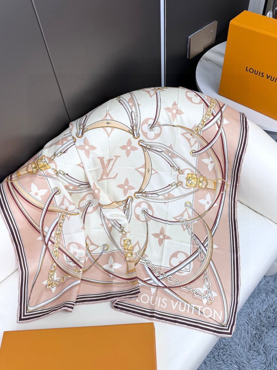 Elegant Large Square Silk Scarf for Women - Equestrian Print Fashion Shawl and Wrap, Beige and Gold Patterned Hair Scarf