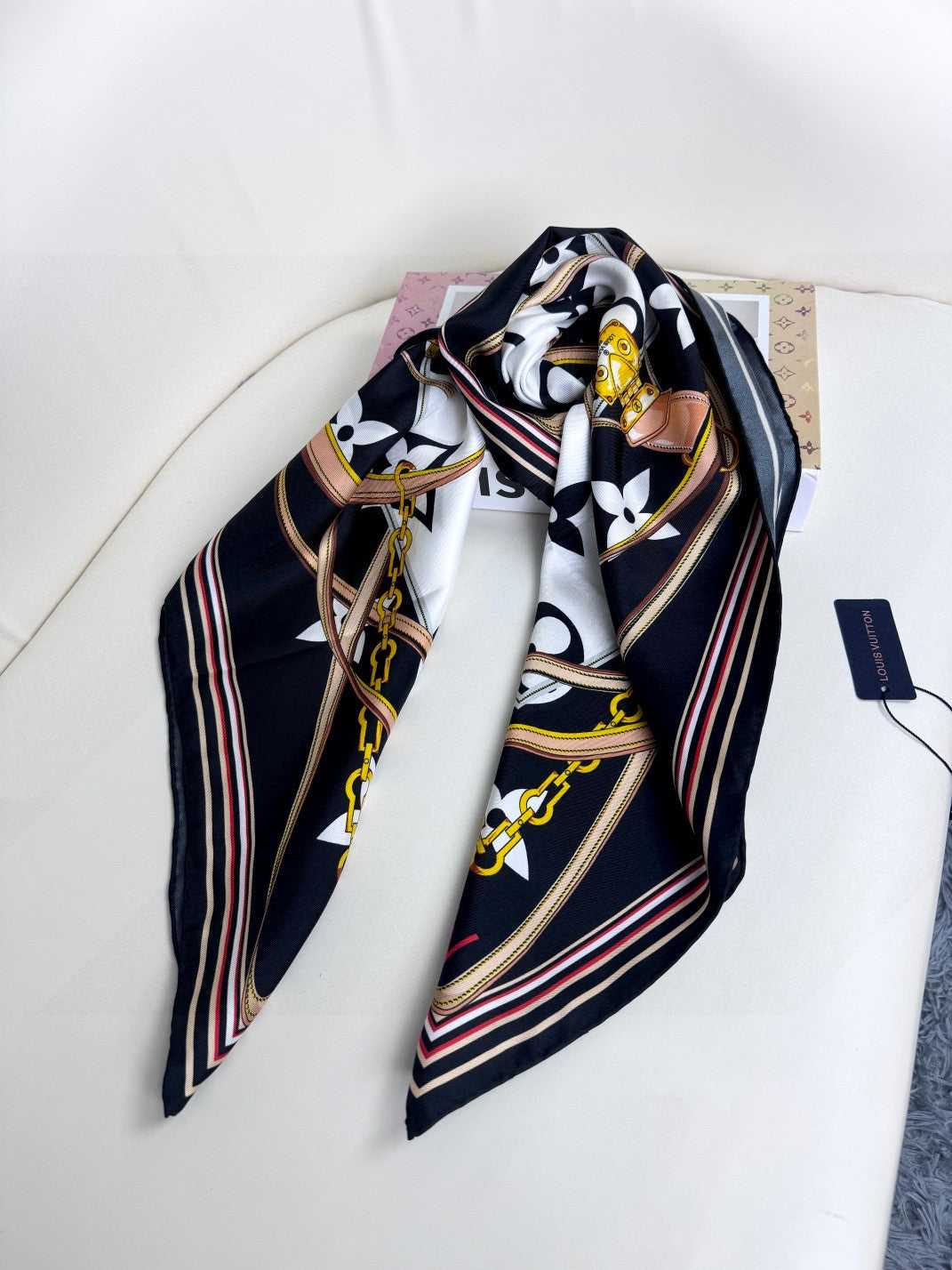 Women's Elegant Geometric Patterned Square Silk Scarf - Black, Gold, and Grey Luxury Style Neck Wrap