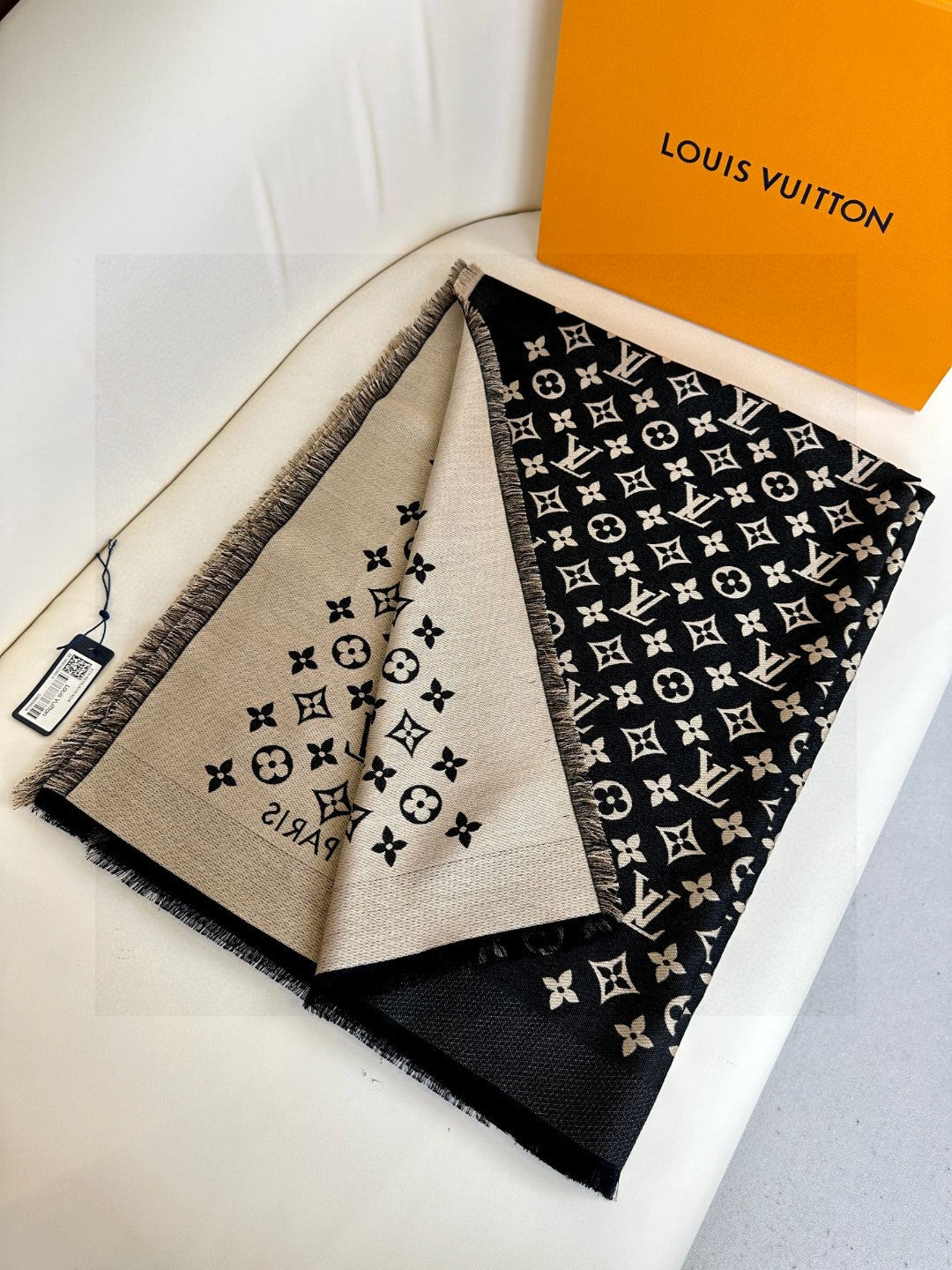 Women's Monogram Patterned Lightweight Shawl Wrap - Elegant Black and Beige Oversized Scarf Cape - Versatile Fall and Winter Fashion Accessory